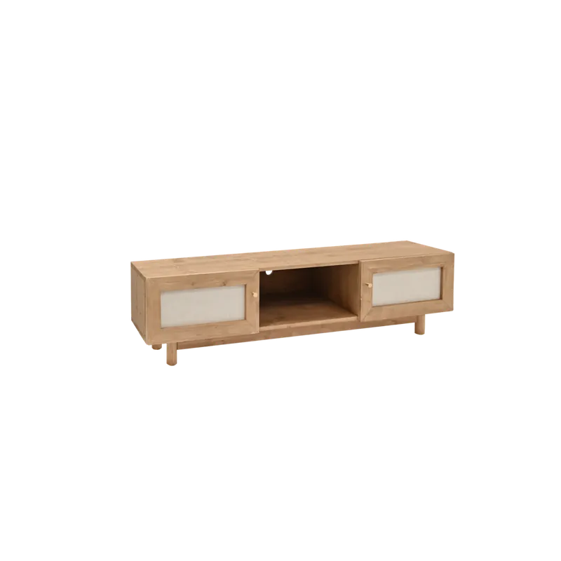 Mueble de TV de madera maciza y tejido de lino de 2 puertas en tono roble oscuro de 150x40cm - Muebles TV