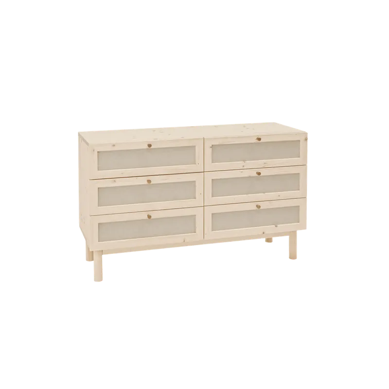 Cómoda de madera maciza y lino con seis cajones en tono natural de 76x120cm - Cómodas y consolas