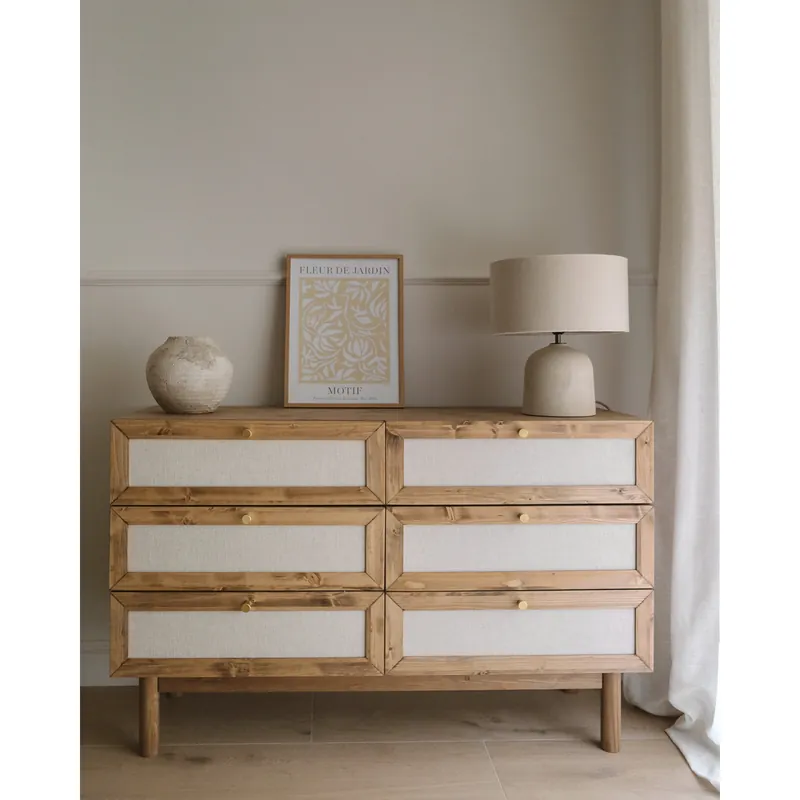 Cómoda de madera maciza y lino con seis cajones en tono roble oscuro de 76x120cm - Cómodas y consolas