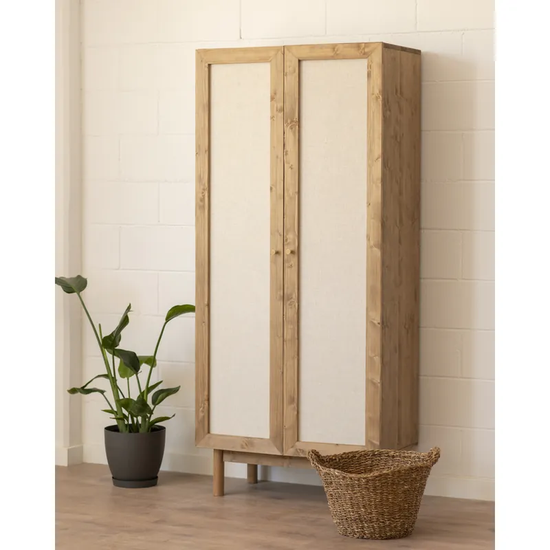 Armario de madera maciza y tejido de lino en tono roble oscuro de 180x80cm - Envío rápido