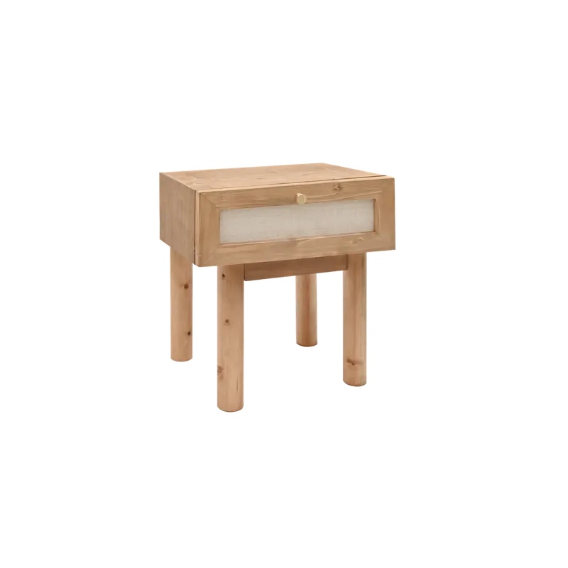 Mesita de noche de madera maciza y lino con un cajón en tono roble oscuro de 40x45cm - Mesitas de noche