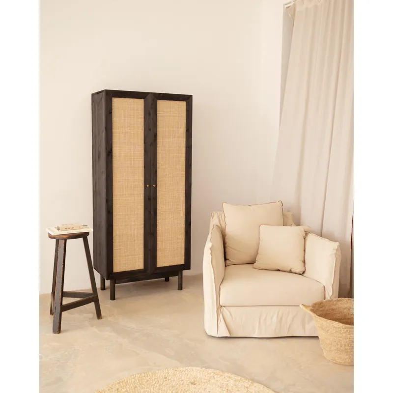 Armario de madera maciza y medula de ratán en tono negro de 180x80cm - Envío rápido