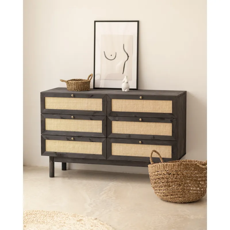 Cómoda de madera maciza y rafia con seis cajones en tono negro de 76x120cm - Cómodas y consolas