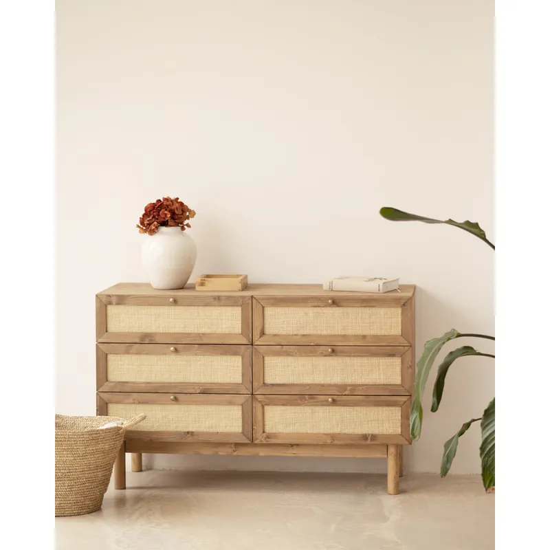 Cómoda de madera maciza y rafia con seis cajones en tono roble oscuro de 76x120cm - Cómodas y consolas