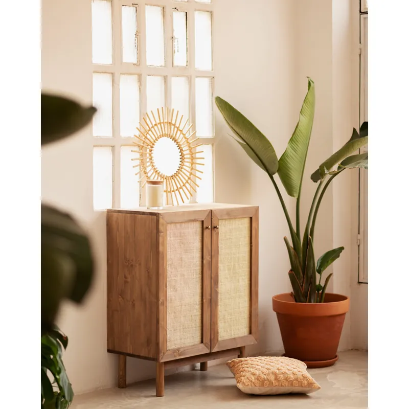 Aparador de madera maciza y medula de ratán de 2 puertas en tono roble oscuro de 100x80cm - Envío rápido