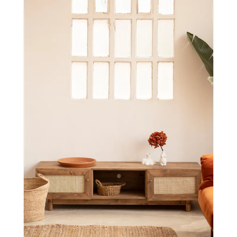 Mueble de TV de madera maciza y rafia de 2 puertas en tono roble oscuro de 150x40cm - Muebles TV