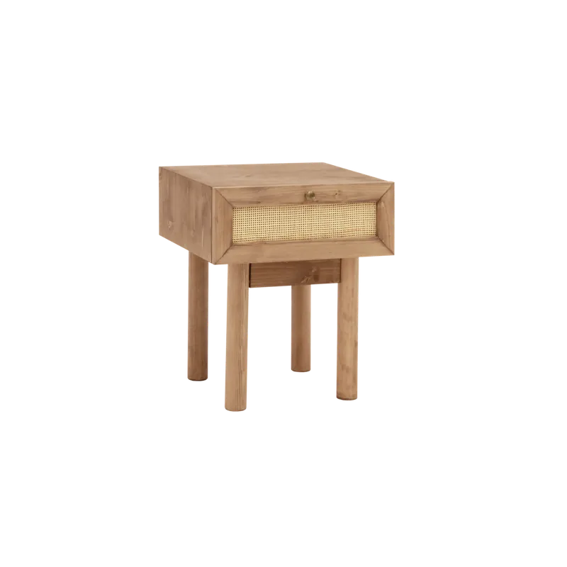 Mesita de noche de madera maciza y rafia con un cajón en tono roble oscuro de 40x45cm - Mesitas de noche