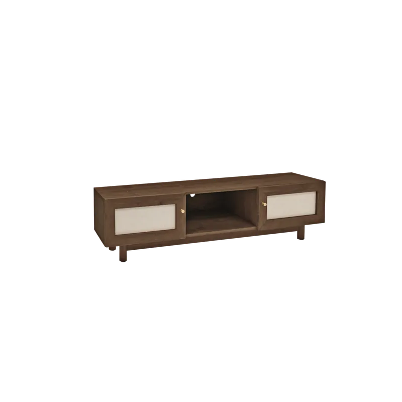 Mueble de TV de madera maciza y tejido de lino de 2 puertas en tono nogal de 150x40cm - Muebles TV