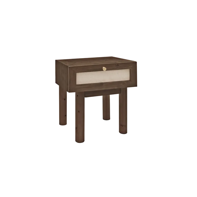 Mesita con cajón de madera maciza y tejido de lino tono nogal de 45x40cm - Mesitas de noche