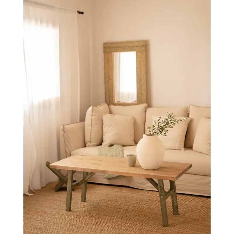 Mesa de centro de madera maciza acabado natural y verde de 120x50cm - Mesas de centro