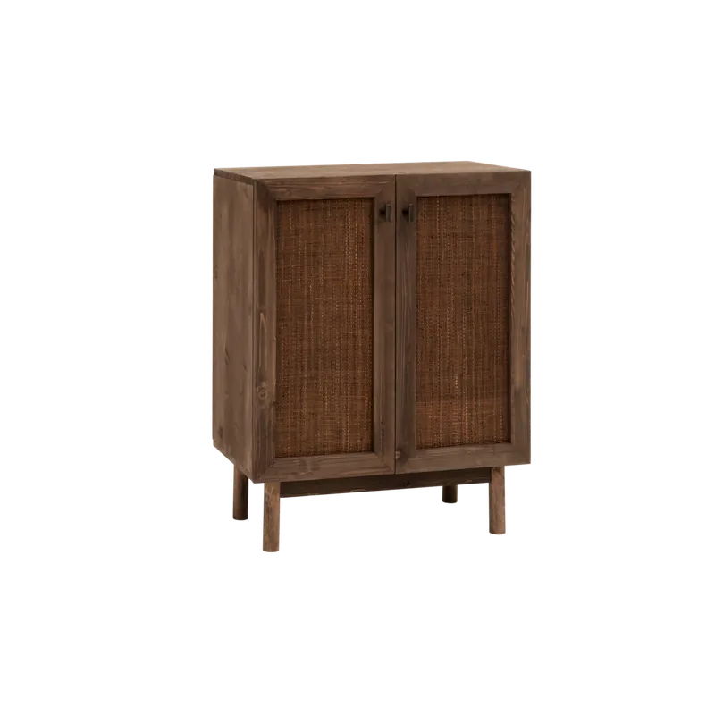 Aparador de madera maciza y tejido de rafia de 2 puertas en tono nogal de 100x80cm - Envío rápido