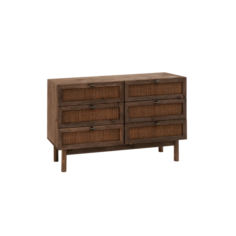 Cómoda de madera maciza y rafia con seis cajones en tono nogal de 76x120cm - Cómodas y consolas