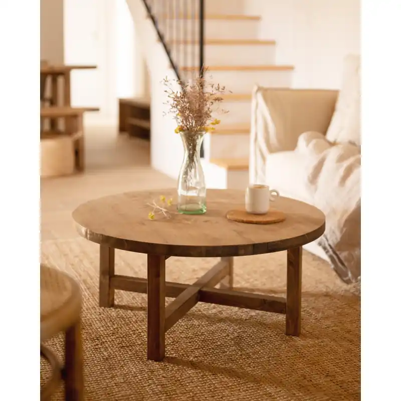 Mesa de centro redonda de madera maciza acabado roble oscuro de Ø60cm - Mesas de centro