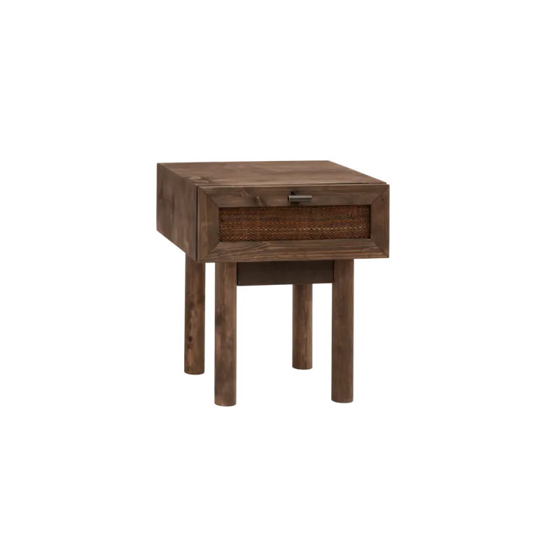 Mesita de noche de madera maciza y cannage con un cajón en tono nogal de 40x45cm - Mesitas de noche