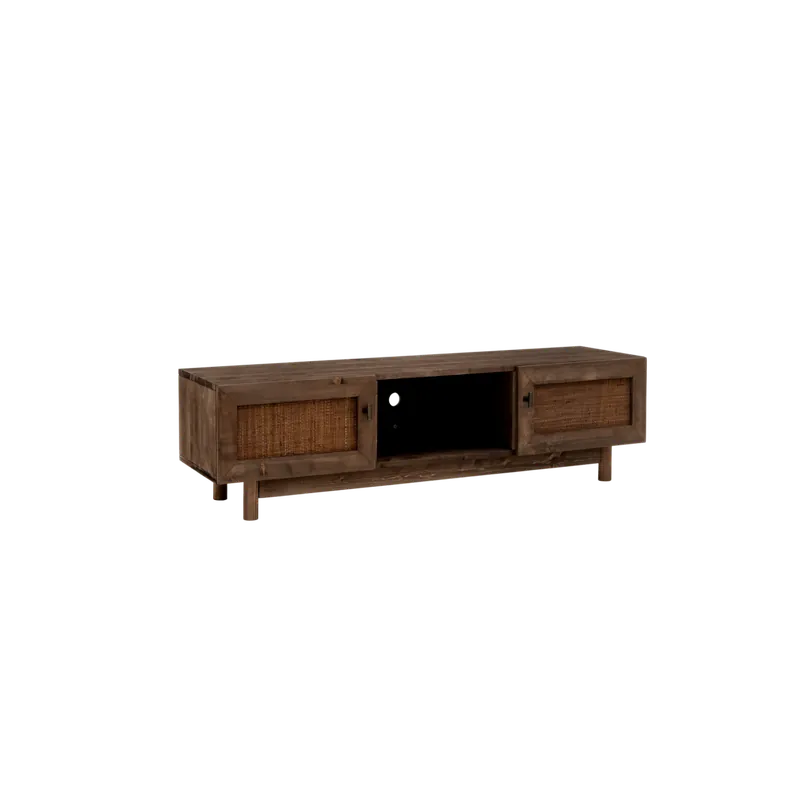 Mueble de TV de madera maciza y tejido de rafia de 2 puertas en tono nogal de 150x40cm - Muebles TV
