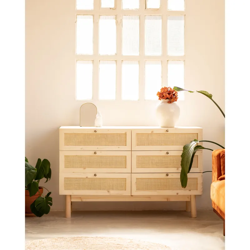 Cómoda de madera maciza y rafia con seis cajones en tono natural de 76x120cm - Cómodas y consolas