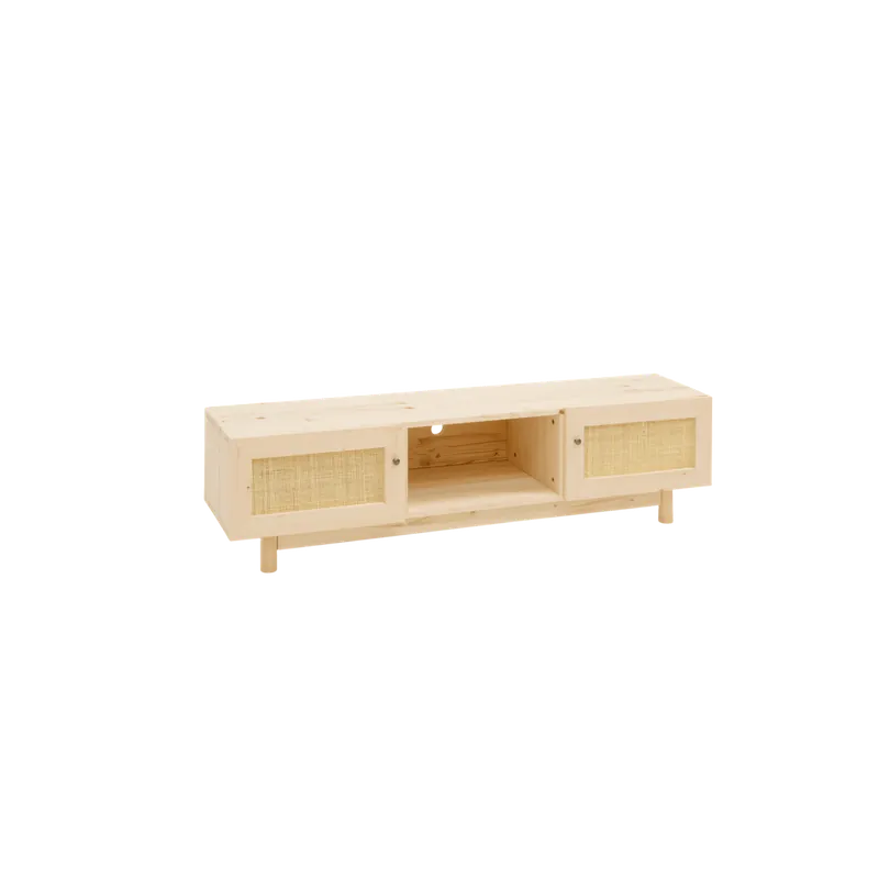 Mueble de TV de madera maciza y rafia de 2 puertas en tono natural de 150x40cm - Muebles TV