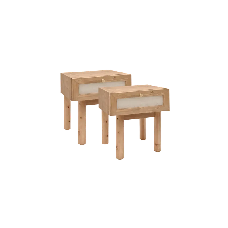 Pack 2 mesitas con cajón de madera maciza y lino tono roble oscuro de 45x40cm - Mesitas de noche