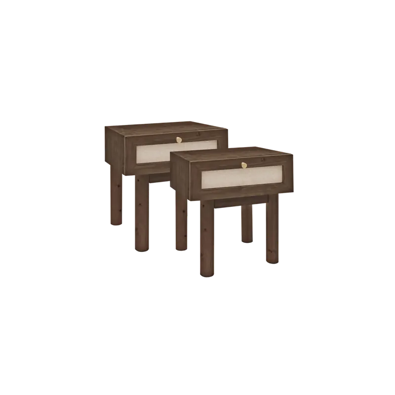 Pack 2 mesitas con cajón de madera maciza y lino tono nogal de 45x40cm - Mesitas de noche