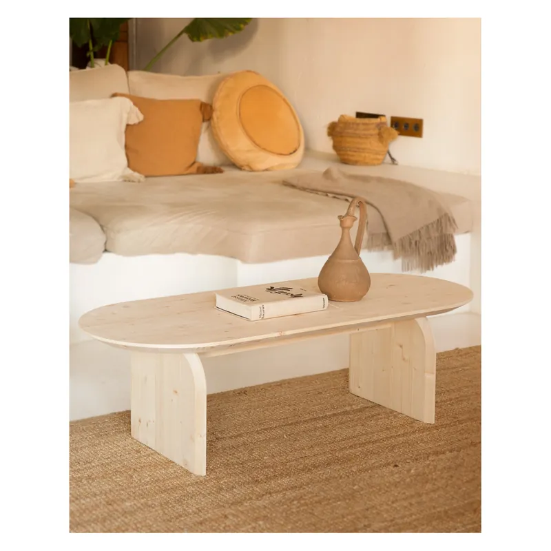 Mesa de centro ovalada de madera maciza en tono natural de 100cm - Mesas de centro