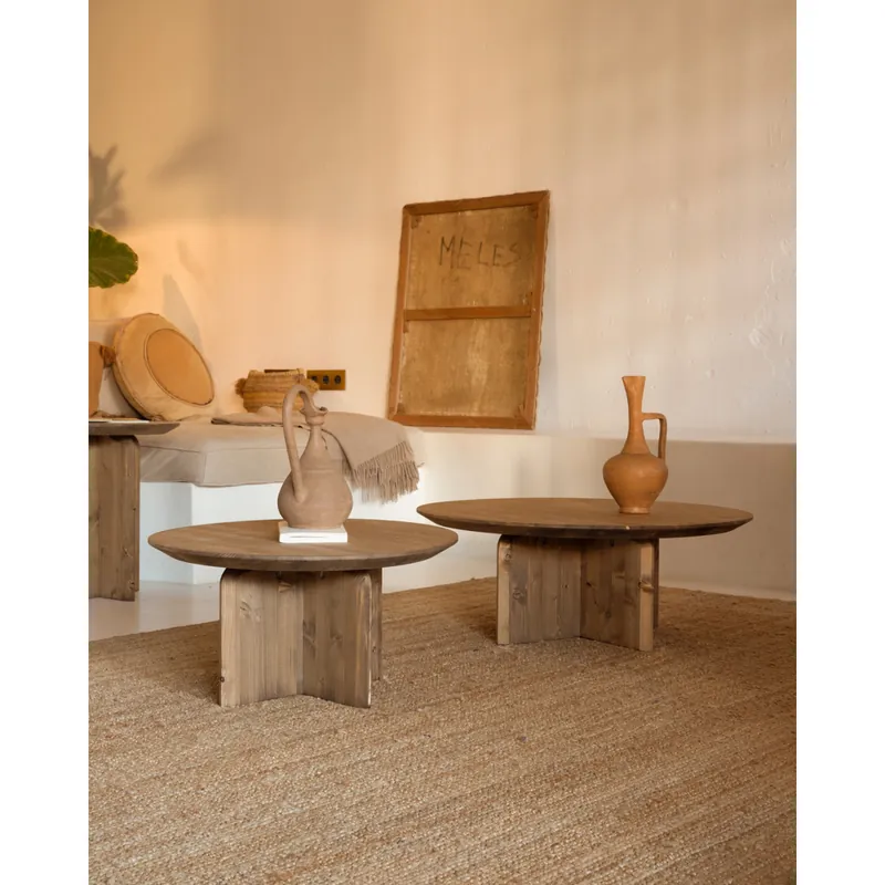 Mesa de centro redonda de madera maciza en tono roble oscuro de 60cm - Mesas de centro