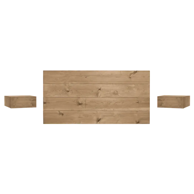 Pack cabecero y mesitas flotantes de madera maciza en tono roble oscuro de 140cm - Inicio