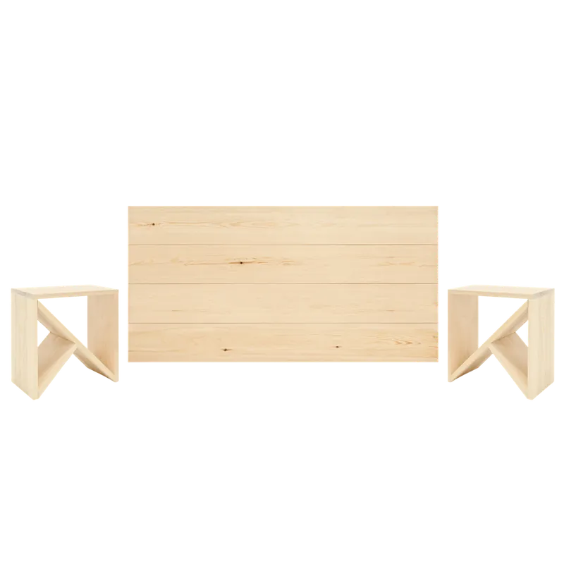 Pack cabecero y mesitas de madera maciza en tono natural de 140cm - Inicio