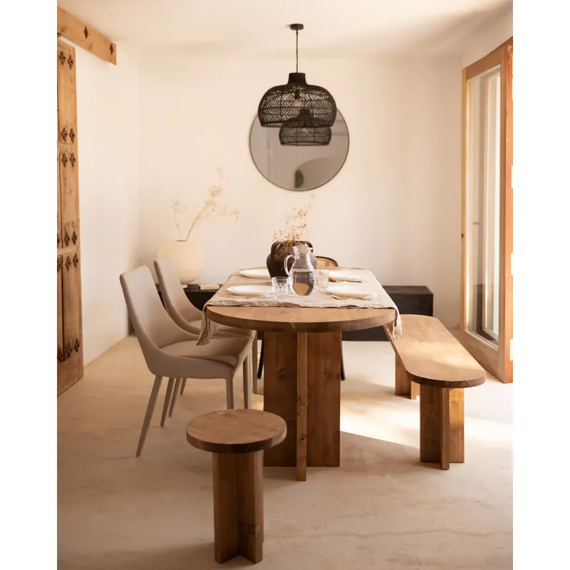 Pack mesa de comedor ovalada y banco de madera maciza en tono roble oscuro de 160cm - Inicio