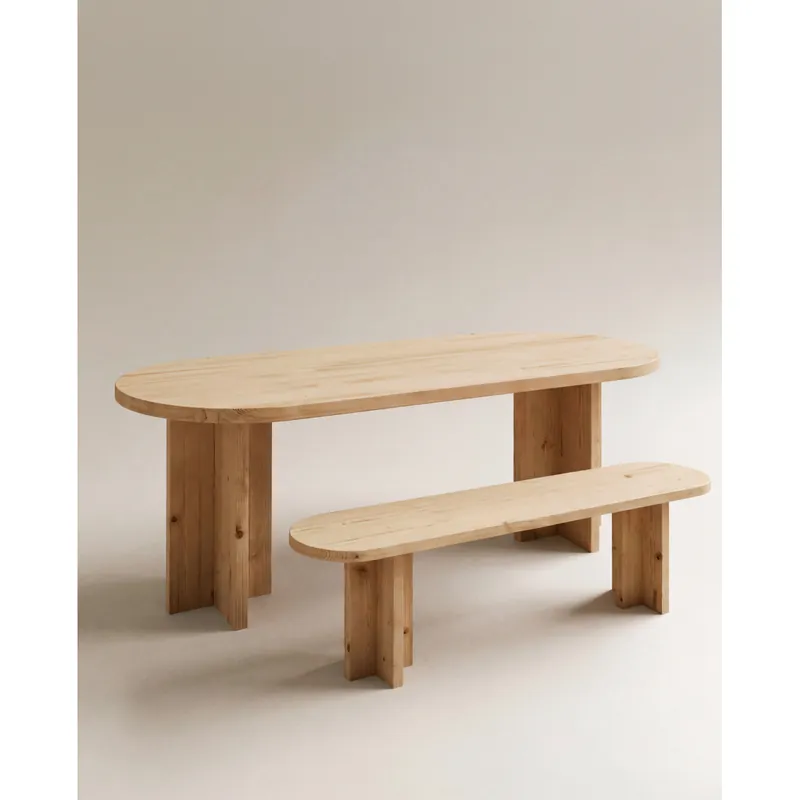 Pack mesa de comedor ovalada y banco de madera maciza en tono roble medio de 160cm - Inicio