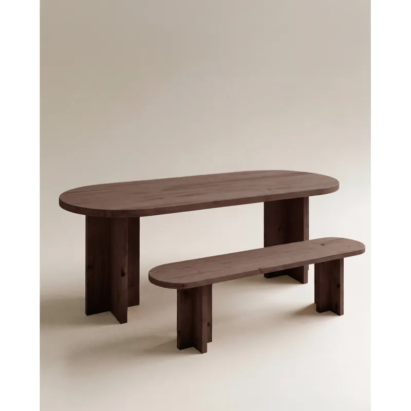 Pack mesa de comedor ovalada y banco de madera maciza en tono nogal de 160cm - Inicio