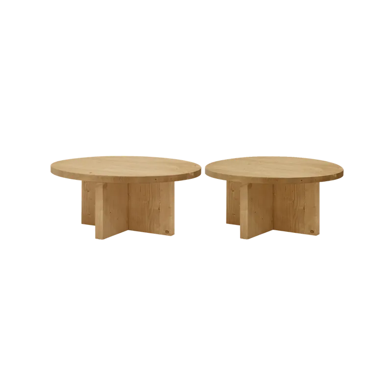 Pack 2 mesas de centro redondas de madera maciza en tono roble medio 80x80cm