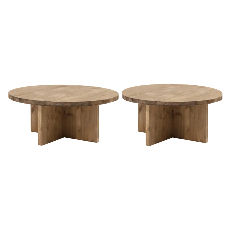 Pack 2 mesas de centro redondas de madera maciza en tono roble oscuro 80x80cm
