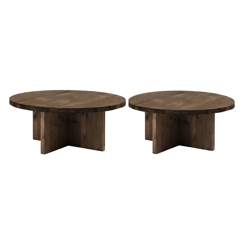 Pack 2 mesas de centro redondas de madera maciza en tono nogal 80x80cm