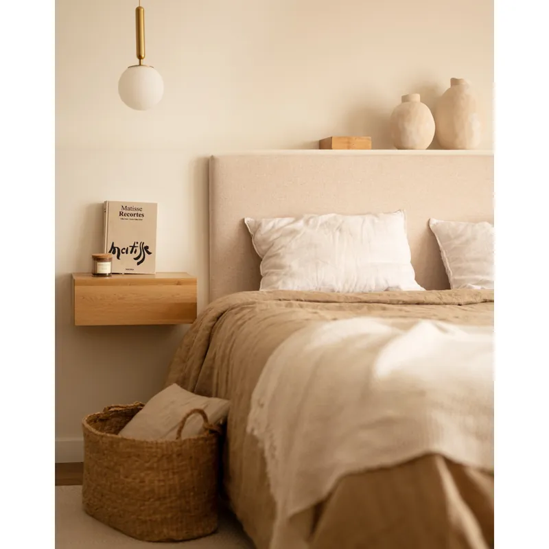 Pack de cabecero tapizado tono beige de 135cm y 2 mesitas de noche flotantes de madera maciza tono roble oscuro de 15x40cm - Inicio