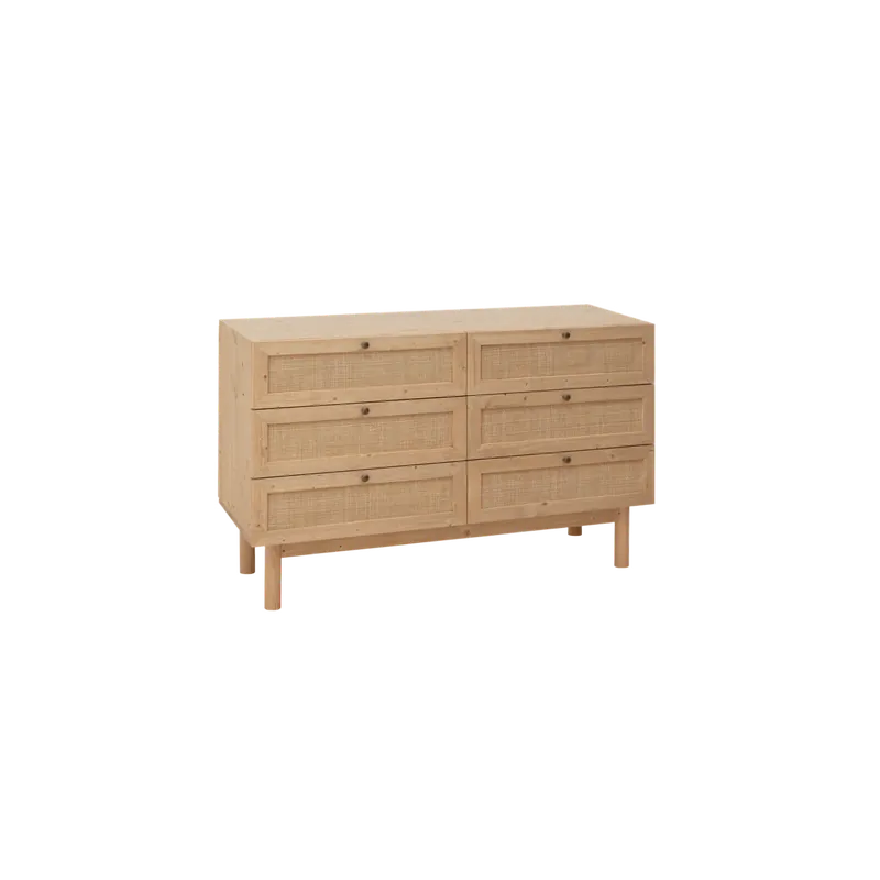 Cómoda de madera maciza y rafia 6 cajones en tono roble medio 120x76cm - Cómodas y consolas