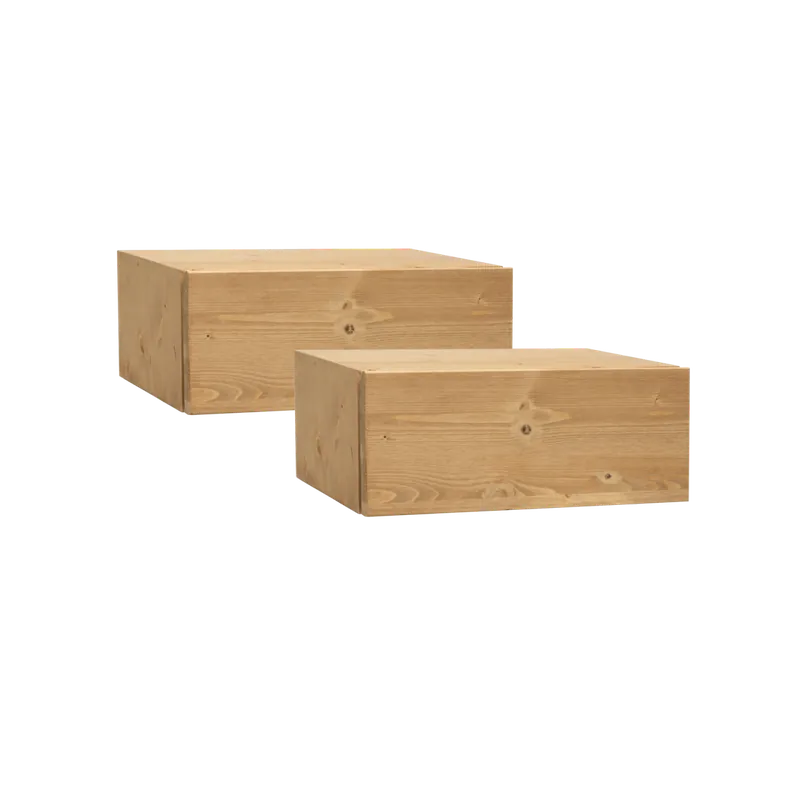 Pack de dos mesitas de noche de madera maciza flotante en tono roble medio de 40cm