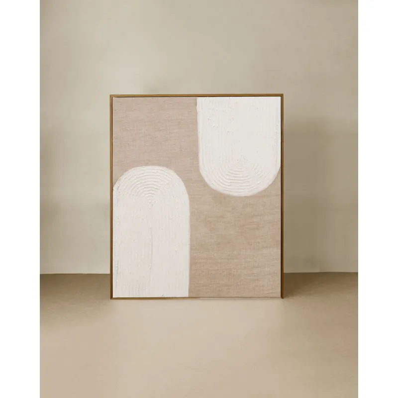 Cuadro beige y blanco decorativo sobre lino con bastidor de madera pintado artesanalmente con pintura al óleo de 80x60cm - Decoración mural