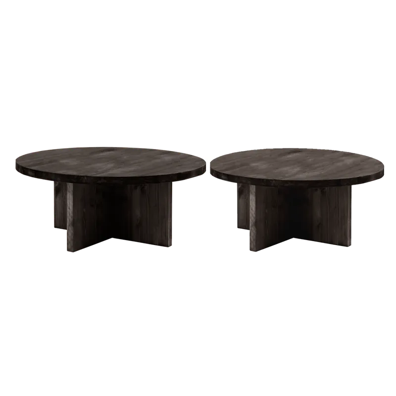 Pack 2 mesas de centro redondas de madera maciza en tono negro 80x80cm