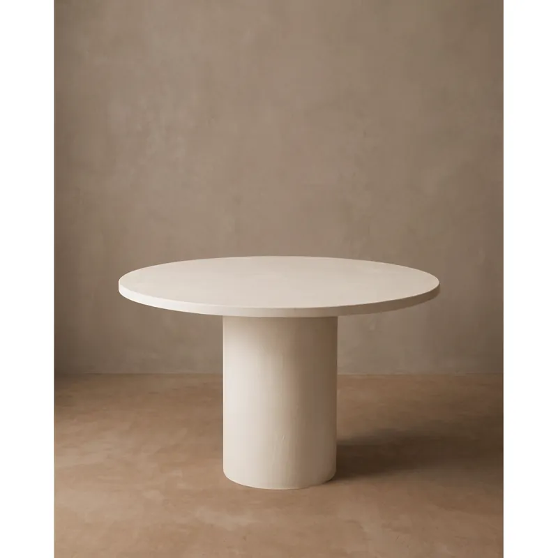 Mesa de comedor redonda de microcemento en tono blanco roto 100cm - Mesas de comedor