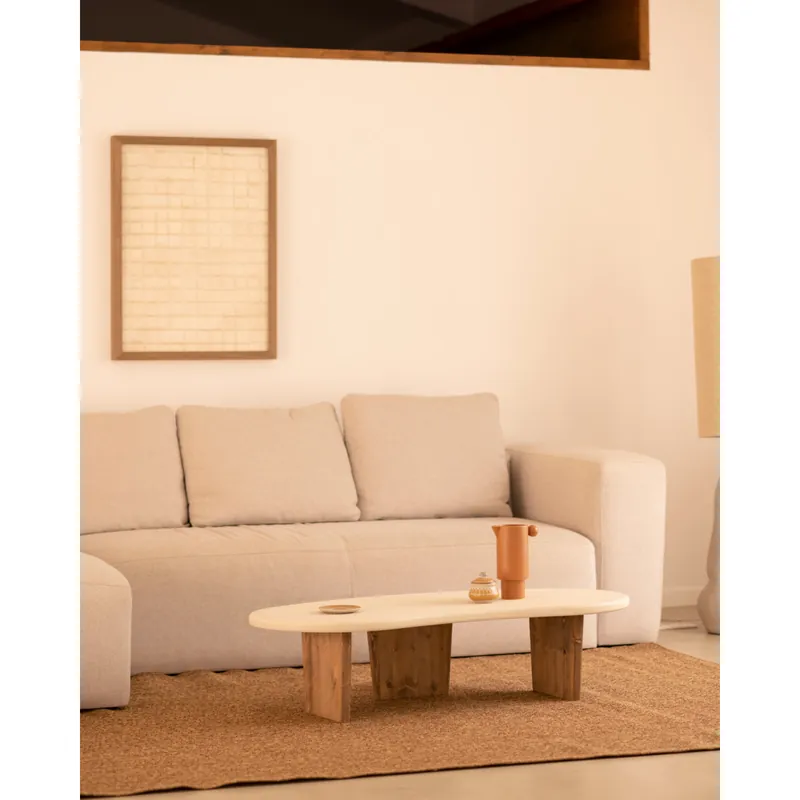Mesa de centro de microcemento de formas orgánicas con tres patas de madera tono roble oscuro de 120cm - Mesas de centro