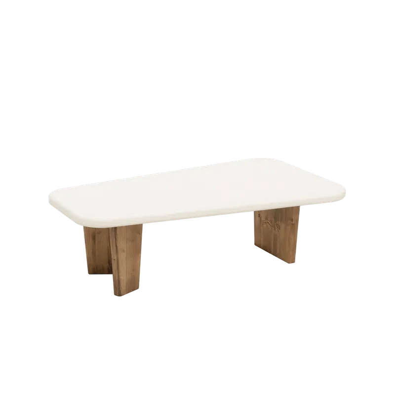 Mesa de centro de microcemento con tres patas de madera tono roble oscuro de 100cm - Mesas de centro