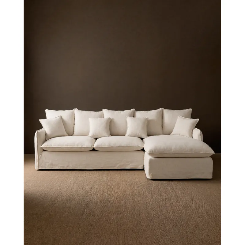 Sofá de 4 plazas con chaise longue derecho de algodón y lino desenfundable color blanco 278x170cm - Envío rápido