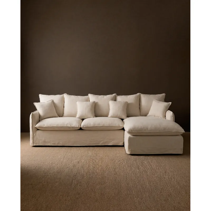 Sofá de 4 plazas con chaise longue derecho de algodón y lino desenfundable color beige 278x170cm - Envío rápido