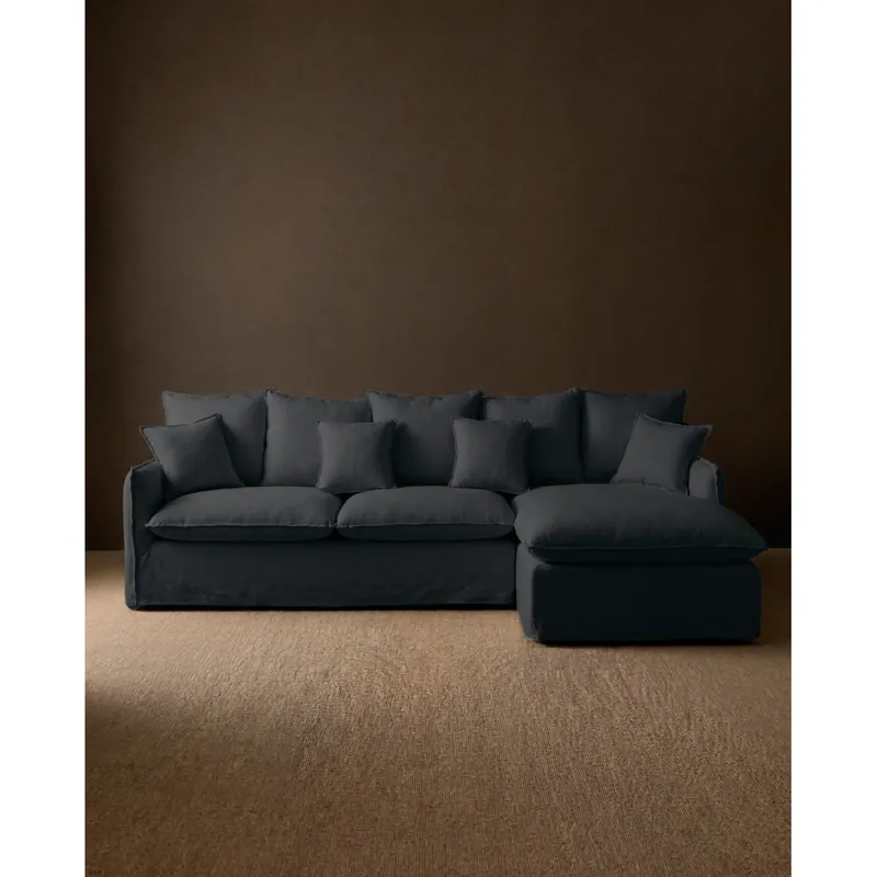 Sofá de 4 plazas con chaise longue derecho de algodón y lino desenfundable color azul 278x170cm - Sofás derecha
