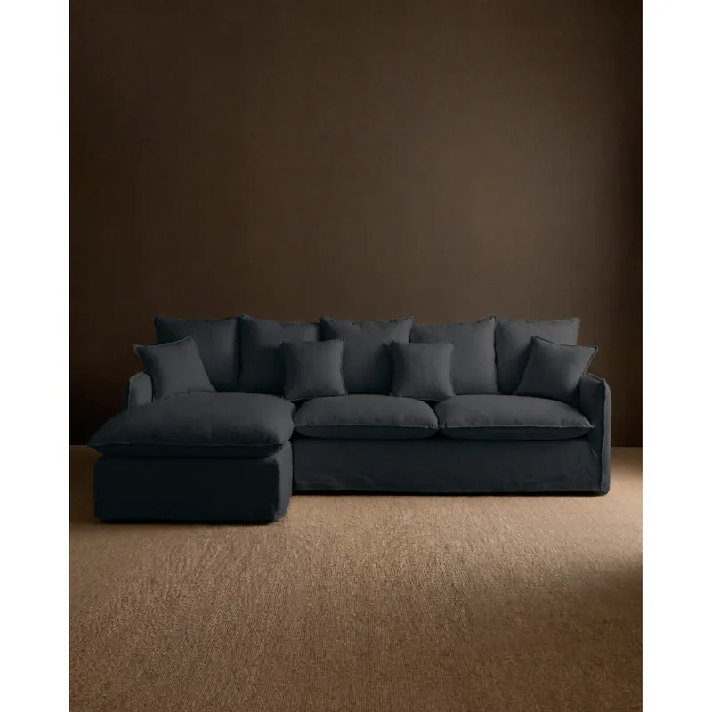 Sofá de 4 plazas con chaise longue izquierdo de algodón y lino desenfundable color azul 278x170cm - Mobiliario