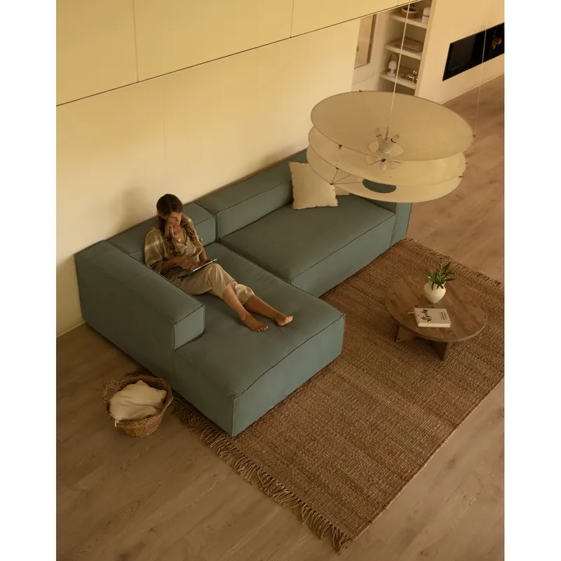 Sofá de 3 plazas con chaise longue izquierdo de pana color verde azulado 250x175cm - Mobiliario