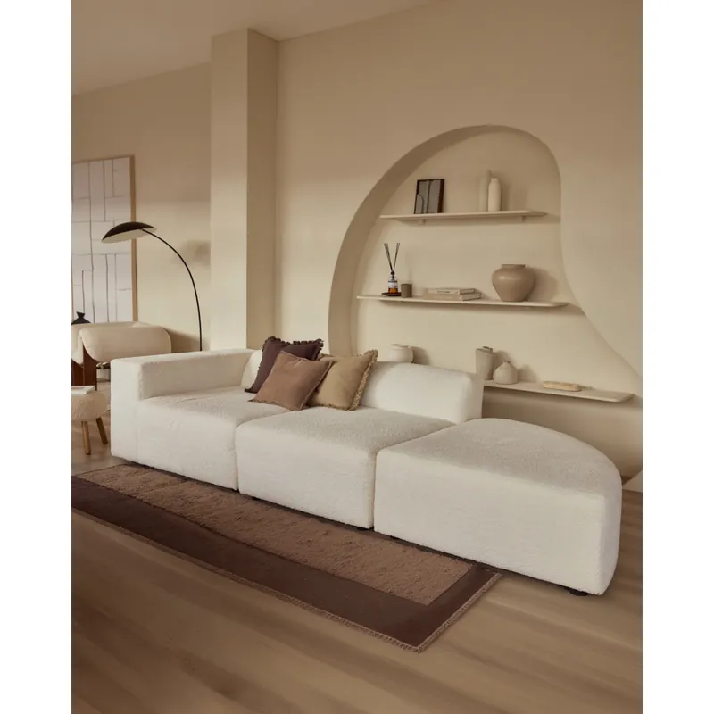 Sofá de 3 módulos con curva derecha de bouclé color blanco 320x110cm - Mobiliario