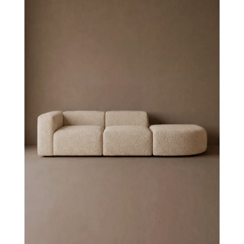 Sofá de 3 módulos con curva derecha de bouclé color beige 320x110cm - Mobiliario