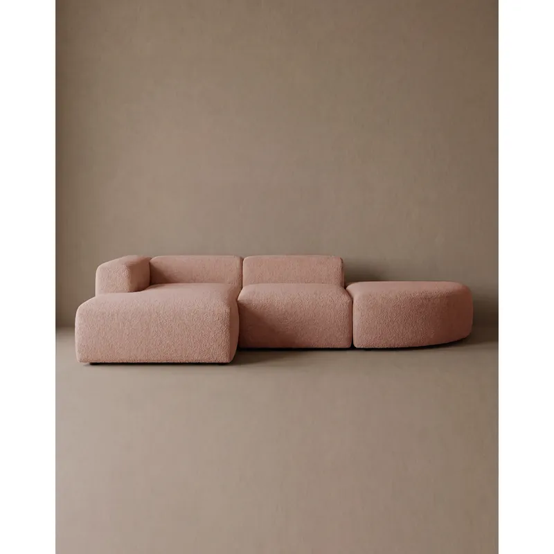 Sofá de 3 módulos con curva derecha de bouclé color rosa 320x110cm - Mobiliario