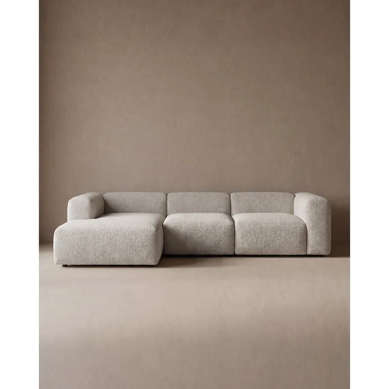 Sofá de 3 módulos con chaise longue izquierdo de bouclé color gris claro 330x172cm - Inicio